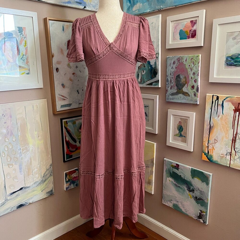 Cottagecore In Loom Mauve Lace Trim Boho Midi Dress Short Sleeve Romantic Size S